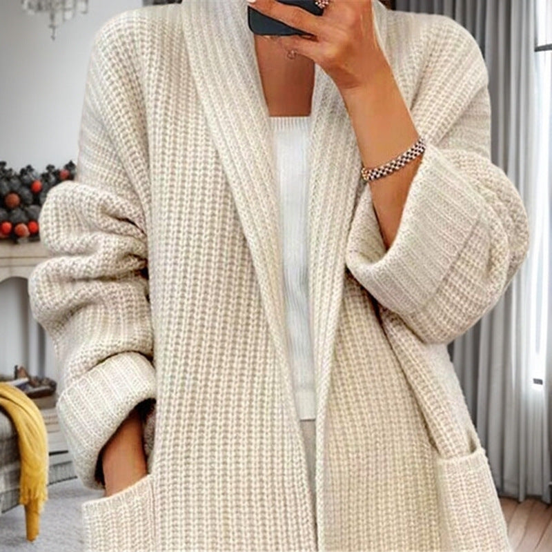 Damen nan langer übergroßer Strickmantel mit Schalkragen und aufgesetzten Taschen Drune