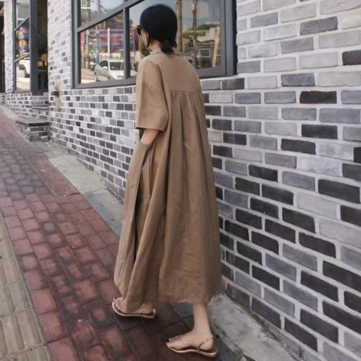 Damen Langarm-Wickelkleid aus Leinen mit bindbarem Taillenzug Drune