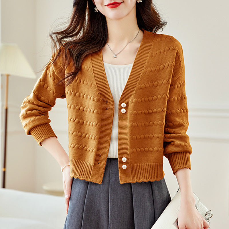 Damen kuschelige Strickjacke mit perlverzierten Knöpfen und strukturiertem Design Drune