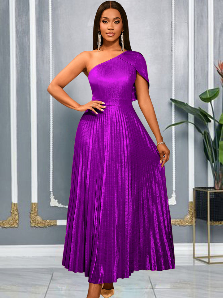 Damen Elegantes Maxi-Kleid mit asymmetrischem Schulterdesign und schimmerndem Plisseestoff Drune