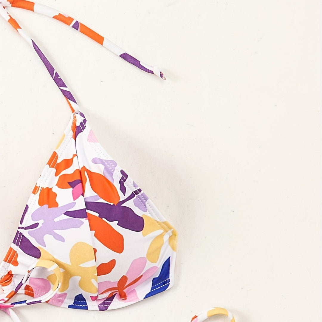 Damen Triangel-Bikini mit verstellbaren Schnüren und fröhlichem Blumenmuster Drune