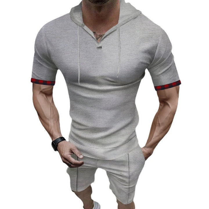 Herren nan sommerliches Kapuzen-Lounge-Set in leichter Waffelstruktur mit Kurzarm-Hoodie Henley-Öffnung und Komfort-Shorts Drune
