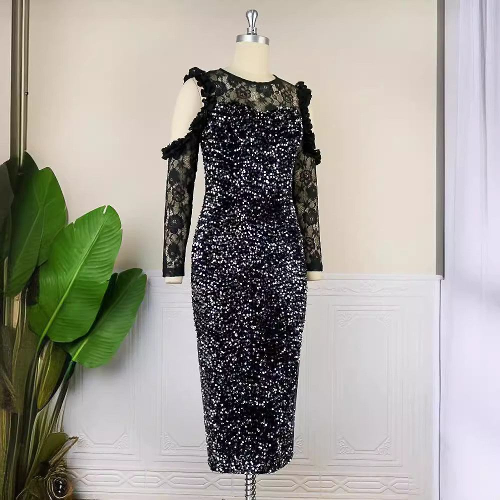 Damen Glitzerndes Festkleid mit eleganten Spitzendetails Drune