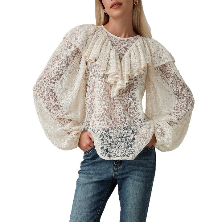 Damen Bluse mit voluminösen Rüschen und Spitzenmuster Drune