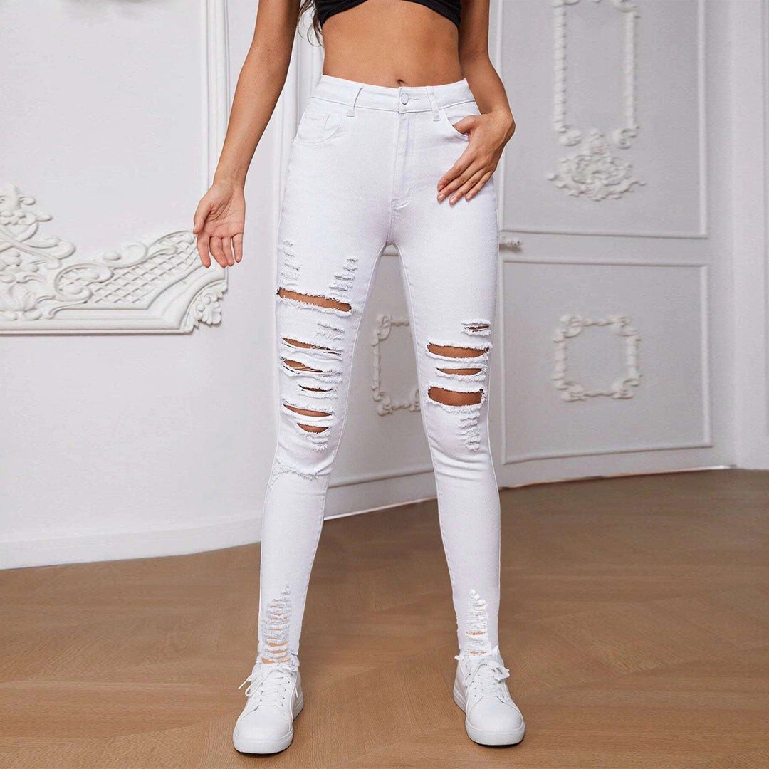 Damen hoch geschnittene Skinny Jeans mit trendigen Rissdetails und figurformendem Design Drune