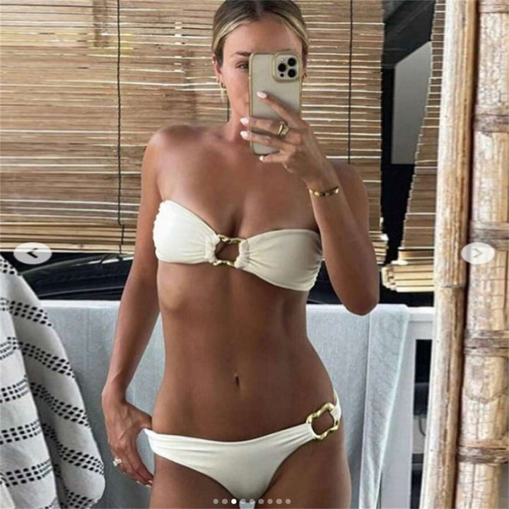 Damen Bandeau-Bikini-Set mit elegantem Knotendesign und verstellbaren Trägern Drune