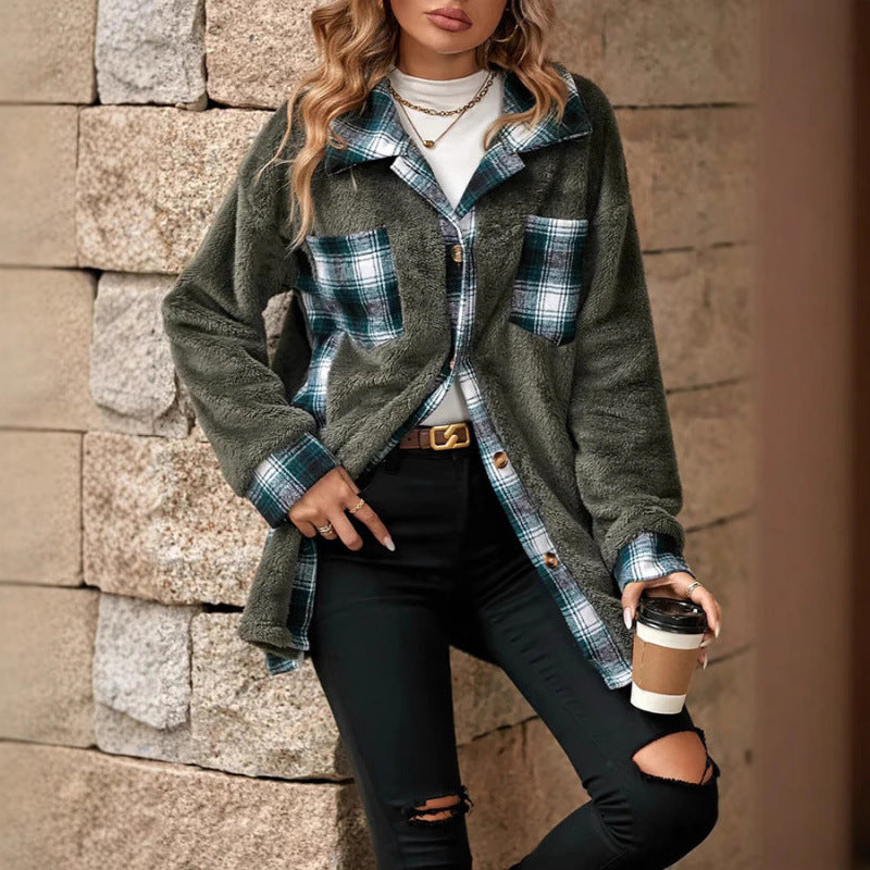 Damen Fleece-Hemdjacke mit Karomuster und weichem Innenfutter Drune