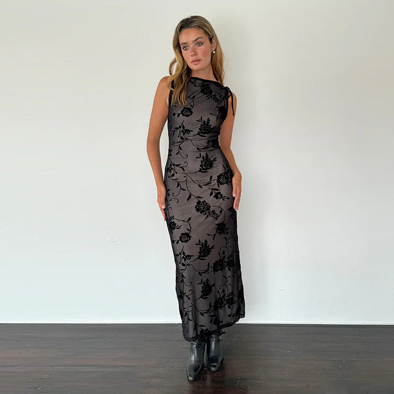 Damen Maxikleid mit floraler Spitzenverzierung und figurbetonter Silhouette Drune