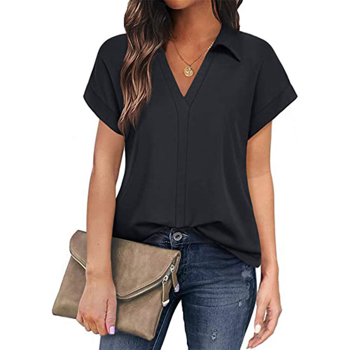 Damen V-Ausschnitt Bluse mit kurzen Ärmeln und eleganter Knopfleiste Drune