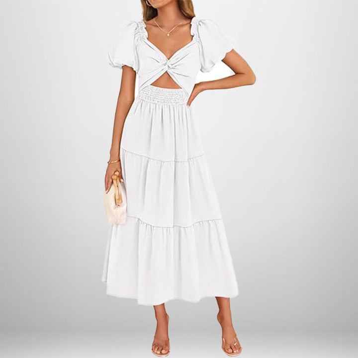 Damen Midi-Kleid mit floralem Twist und elastischem Taillengummi Drune