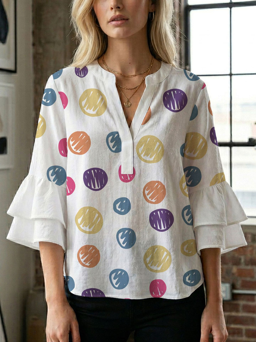 Damen Bluse mit voluminösen Flügelärmel und intensivem Blattmuster Drune