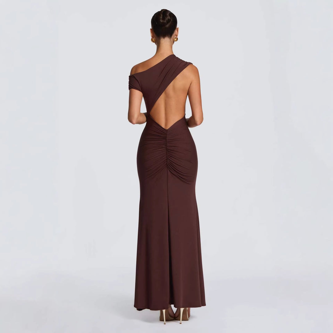 Damen Elegantes asymmetrisches Maxikleid mit schulterfreiem Design Drune