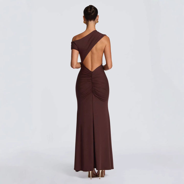 Damen Elegantes asymmetrisches Maxikleid mit schulterfreiem Design Drune