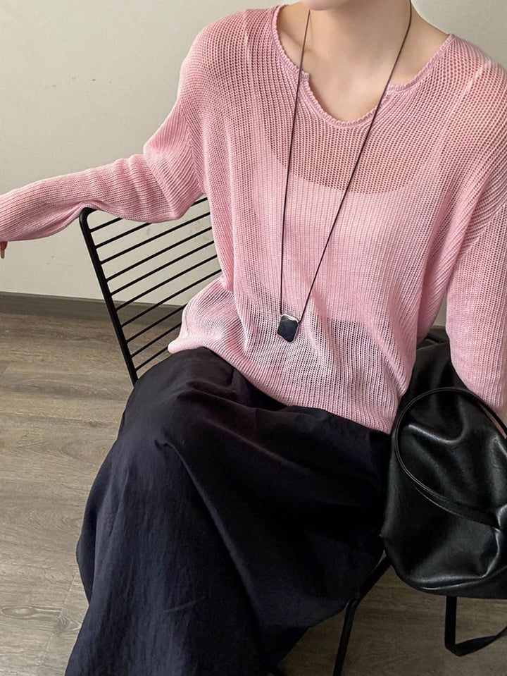Damen luftiger Strickpullover mit V-Ausschnitt und lässigem Schnitt Drune