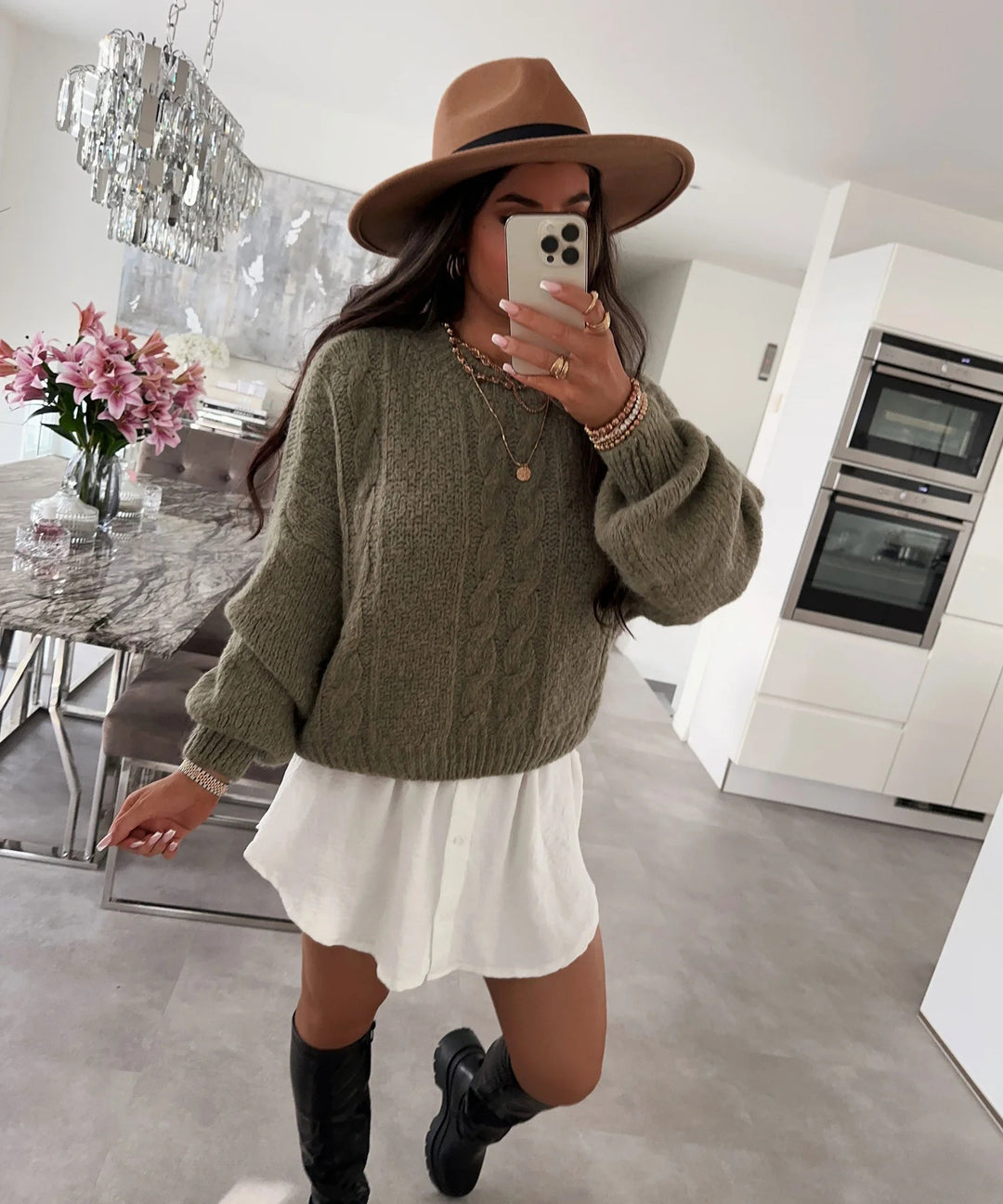 Damen Grobstrickpullover mit voluminösen Ärmeln und Zopfmuster Drune