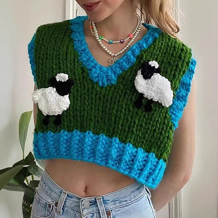 Damen gehäkeltes Crop-Top mit kreativen Schafmotiven Drune