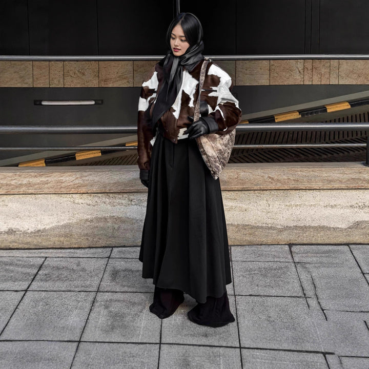Damen modische Kurzjacke im auffälligen Kuhfell-Look mit Lederakzenten Drune