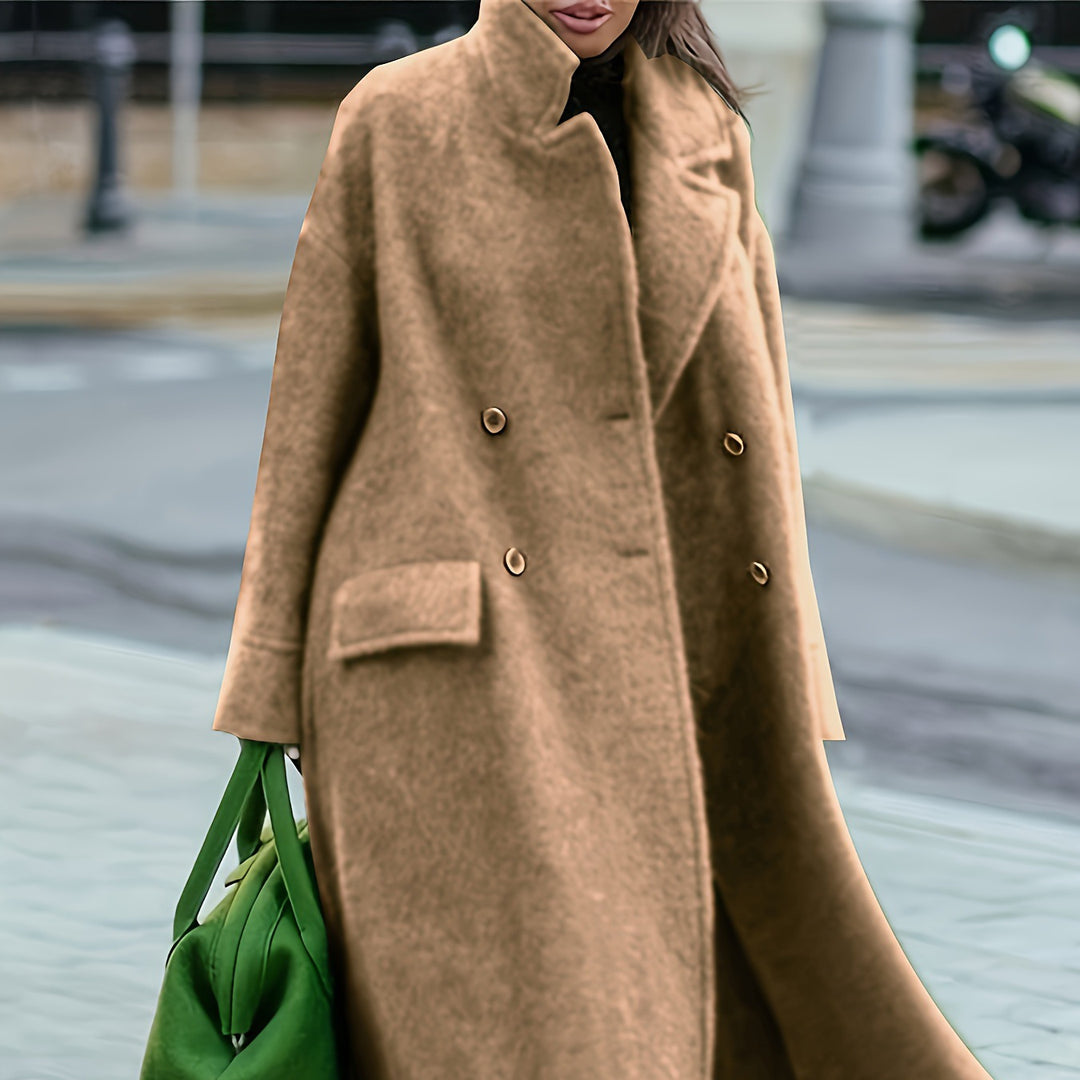Damen nan Cape-ähnlicher doppelreihiger Wollmantel mit weitem Fall, hohem Stehkragen und Pattentaschen Drune