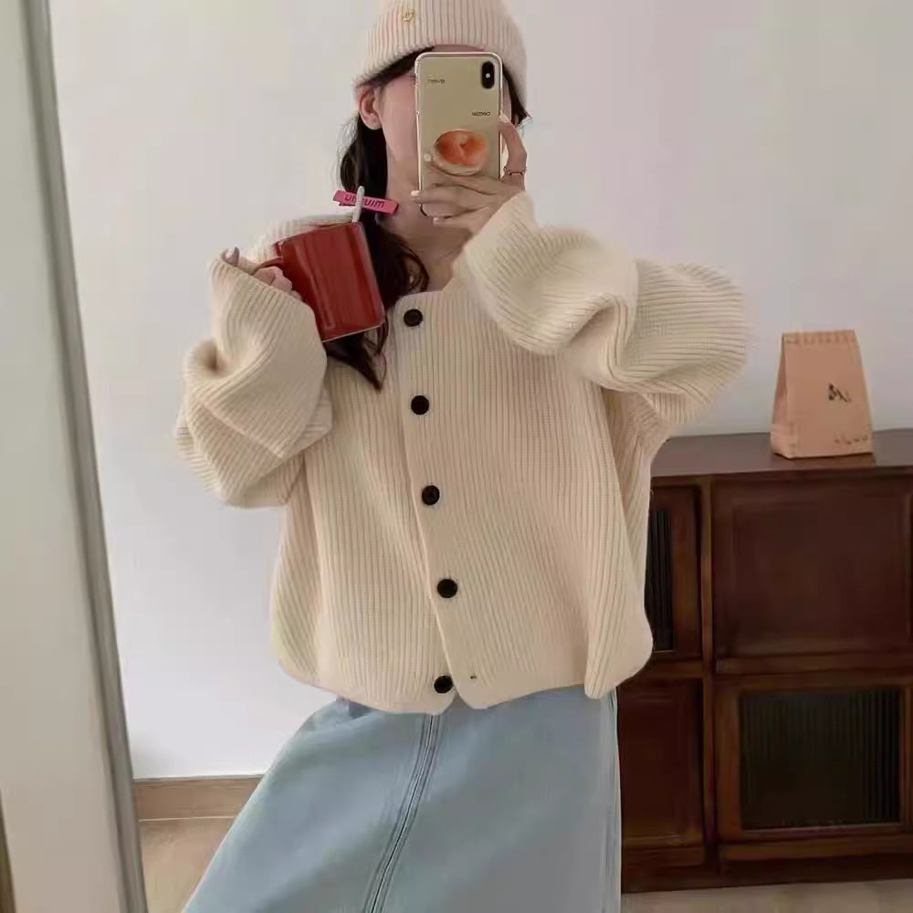 Damen Grobstrickjacke mit Knopfverschluss und weit geschnittenen Ärmeln Drune