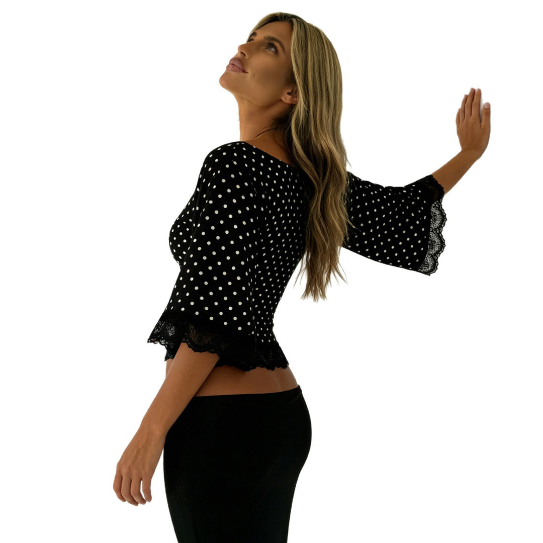 Damen Polka-Dot Blusenshirt mit Spitzenverzierung Drune