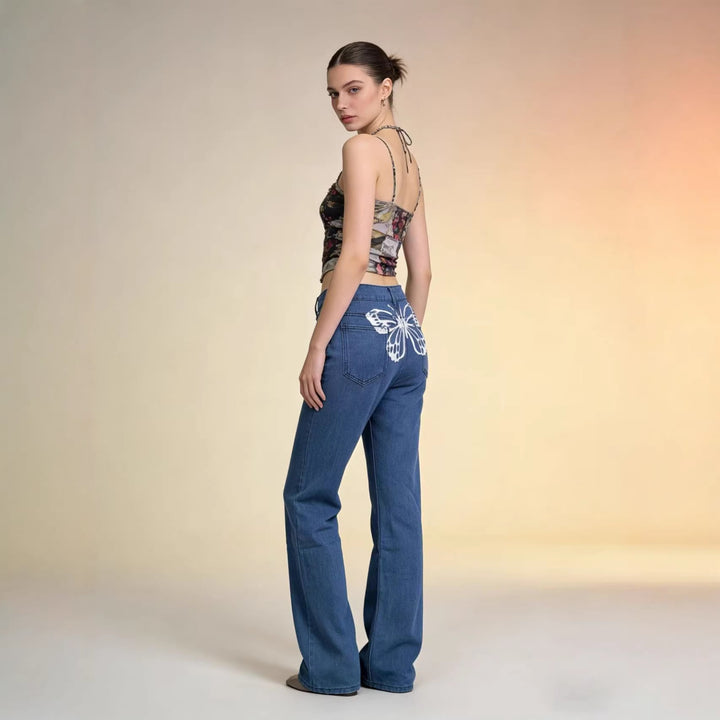 Damen Weite Jeans mit kunstvollem Schmetterlingsdesign Drune