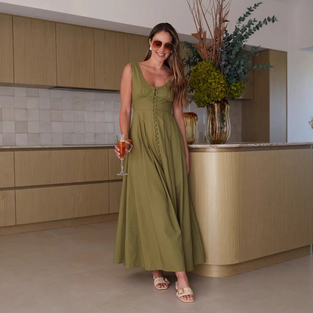 Damen Maxikleid mit schickem Knopfdesign und elegantem V-Ausschnitt Drune