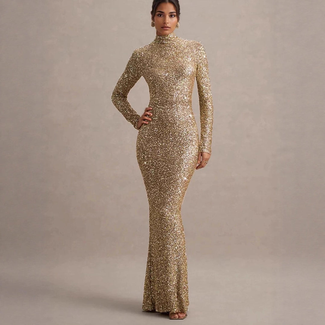 Damen Glitzerndes Abendkleid mit hohem Kragen und figurbetontem Schnitt Drune