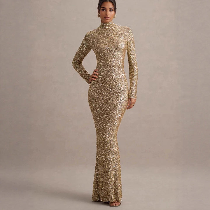 Damen Glitzerndes Abendkleid mit hohem Kragen und figurbetontem Schnitt Drune