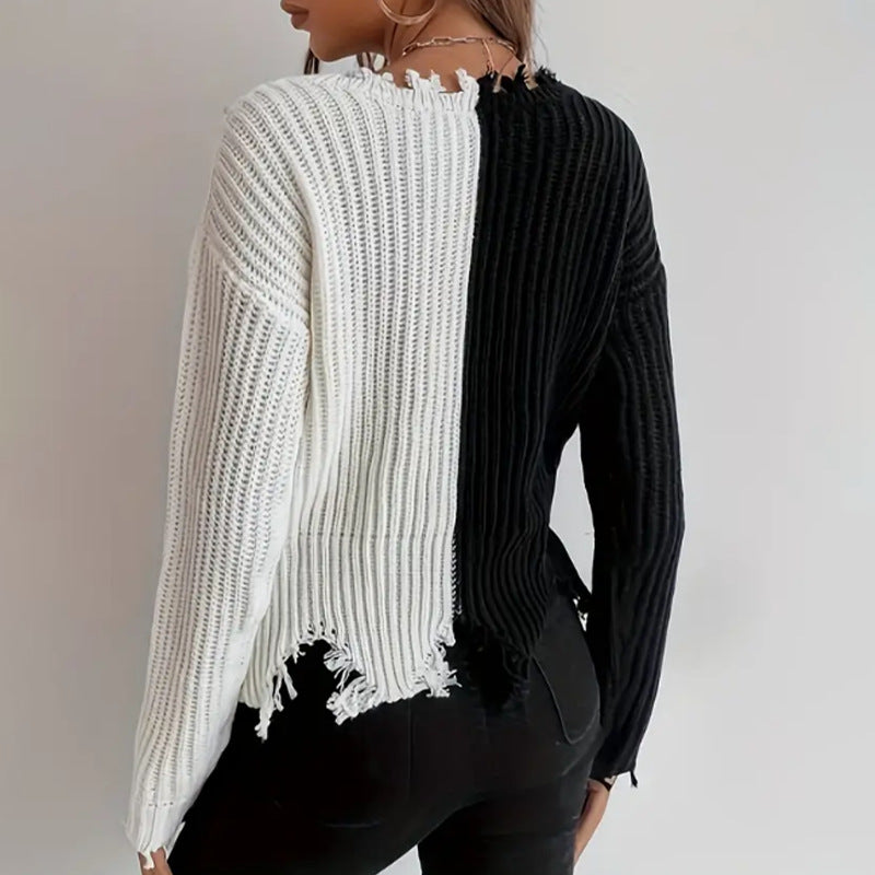 Damen Modischer Pullover mit asymmetrischem Design und Fransen Drune