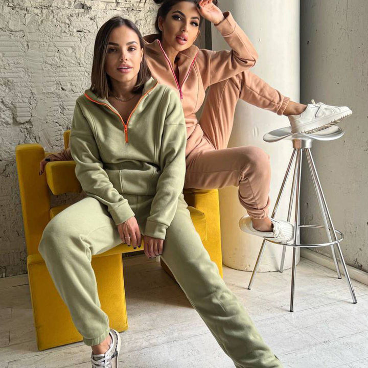 Damen sportliches Fleece-Jogginganzug mit Stehkragen Drune