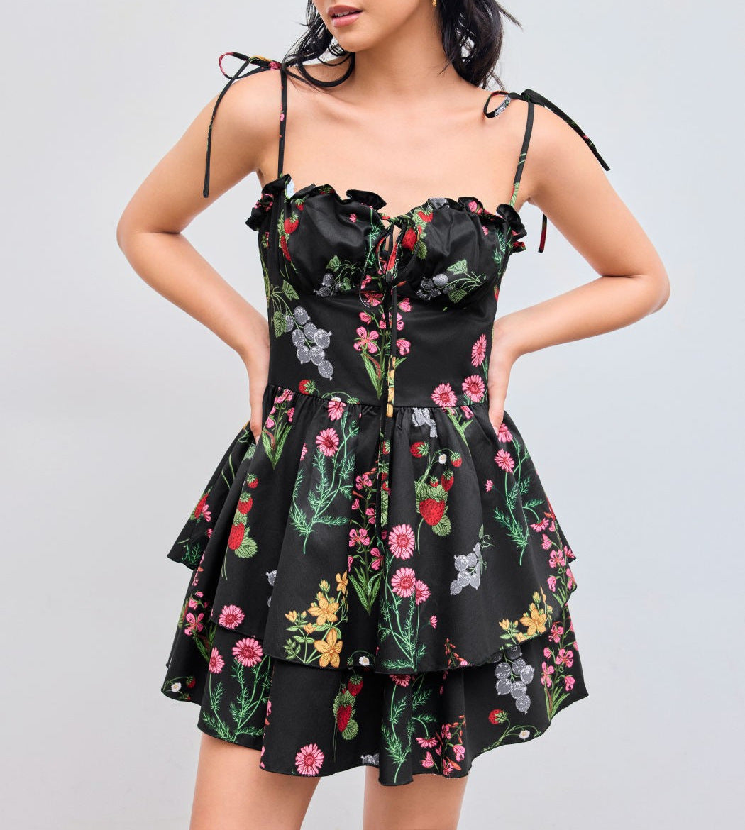 Damen Minikleid mit Blumenmuster und bordeauxfarbenem Unterrock Drune