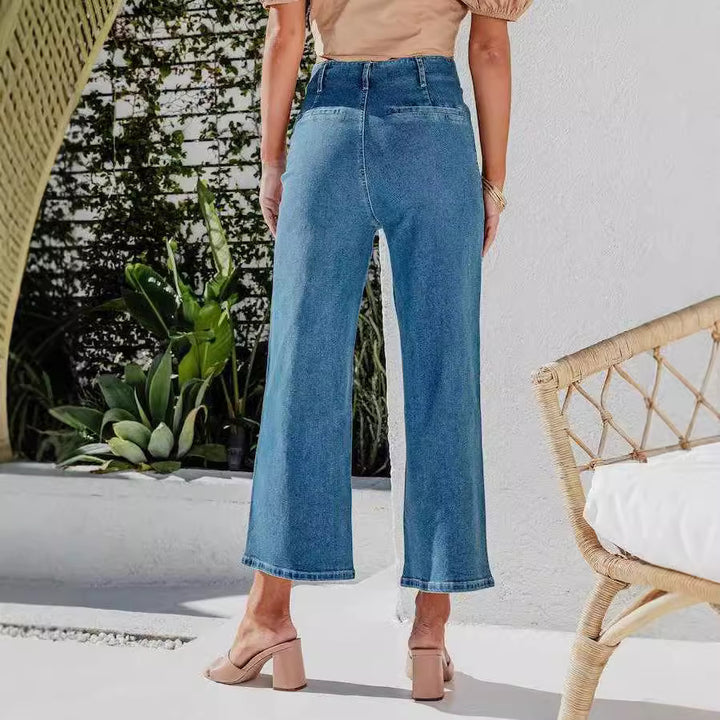 Damen Hochgeschnittene Denim-Hose mit Knopfverschluss und weitem Bein Drune