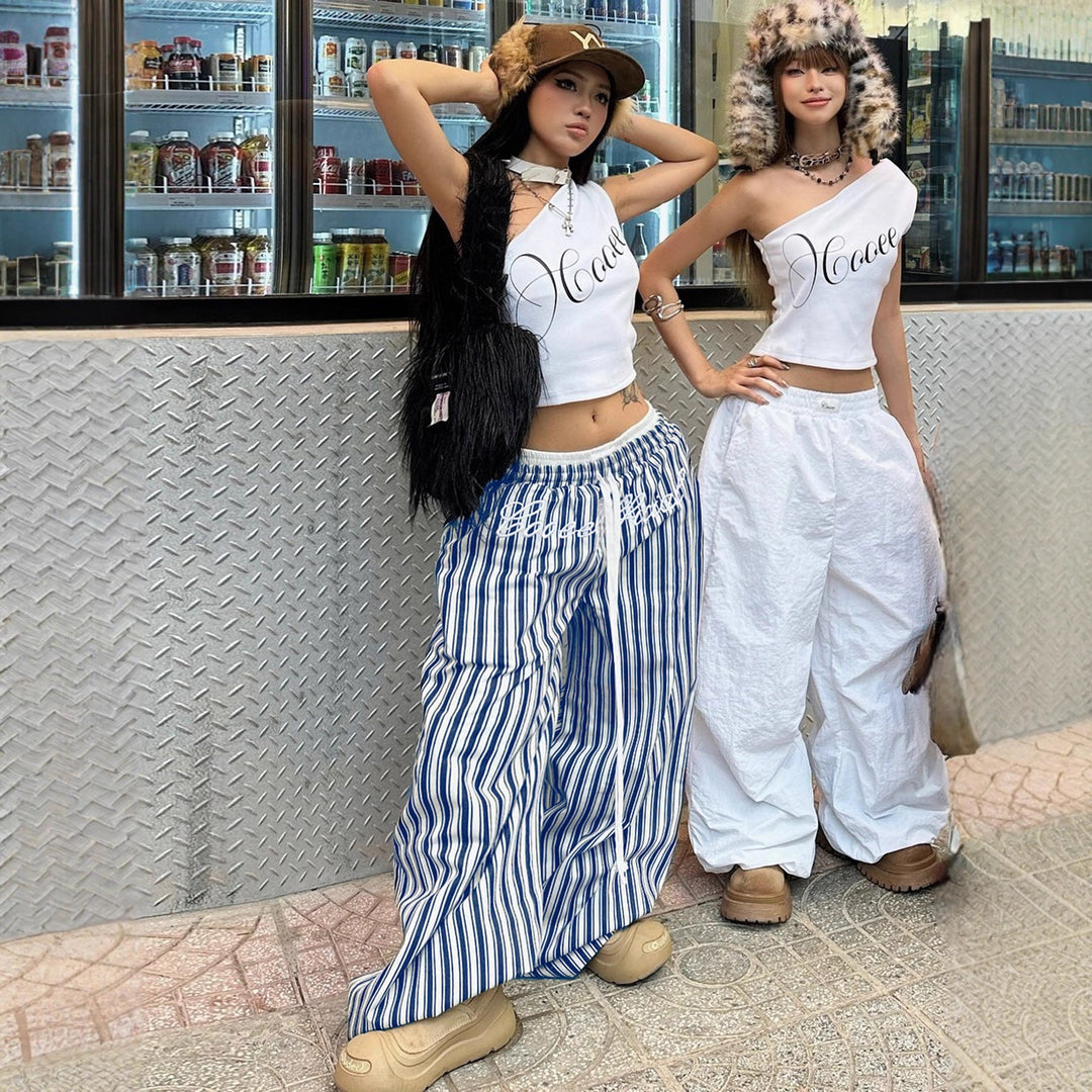 Damen Weite gestreifte Sommerhose mit elastischem Bund und praktischen Taschen Drune