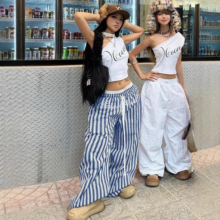 Damen Weite gestreifte Sommerhose mit elastischem Bund und praktischen Taschen Drune