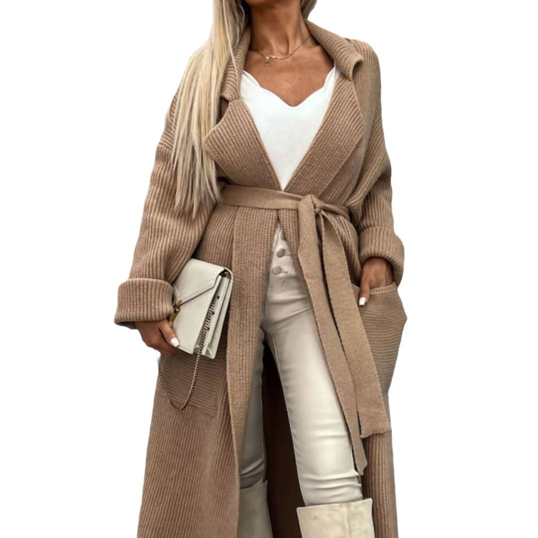 Damen Langstrickjacke mit praktischen Taschen und modischem Gürtel Drune