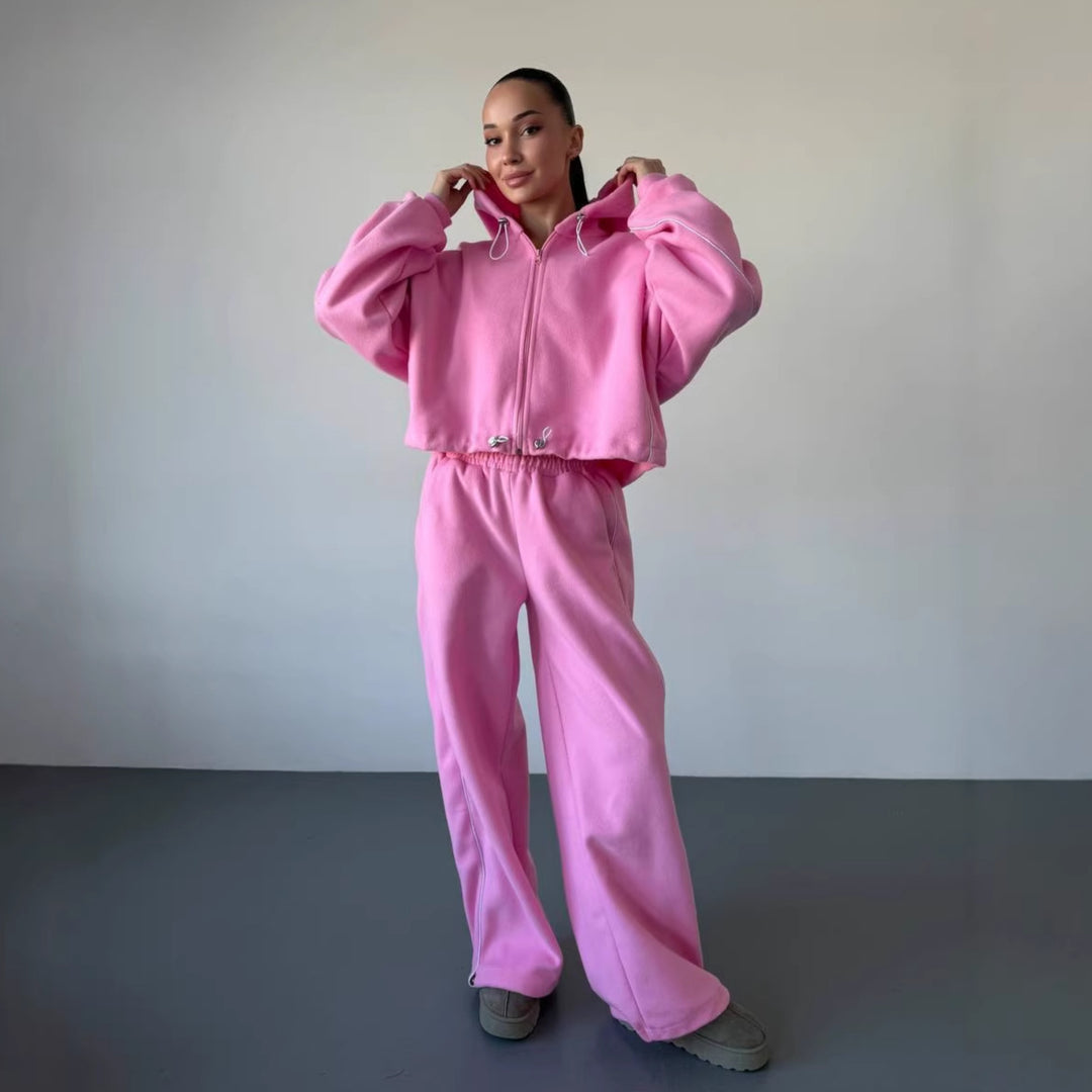Damen lässiges Fleece-Set mit Kapuze und elastischem Bund Drune