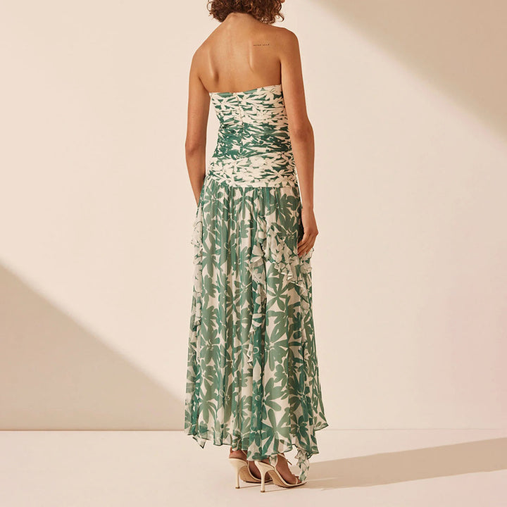 Damen schulterfreies Maxikleid mit Rüschendetails und floralem Muster Drune