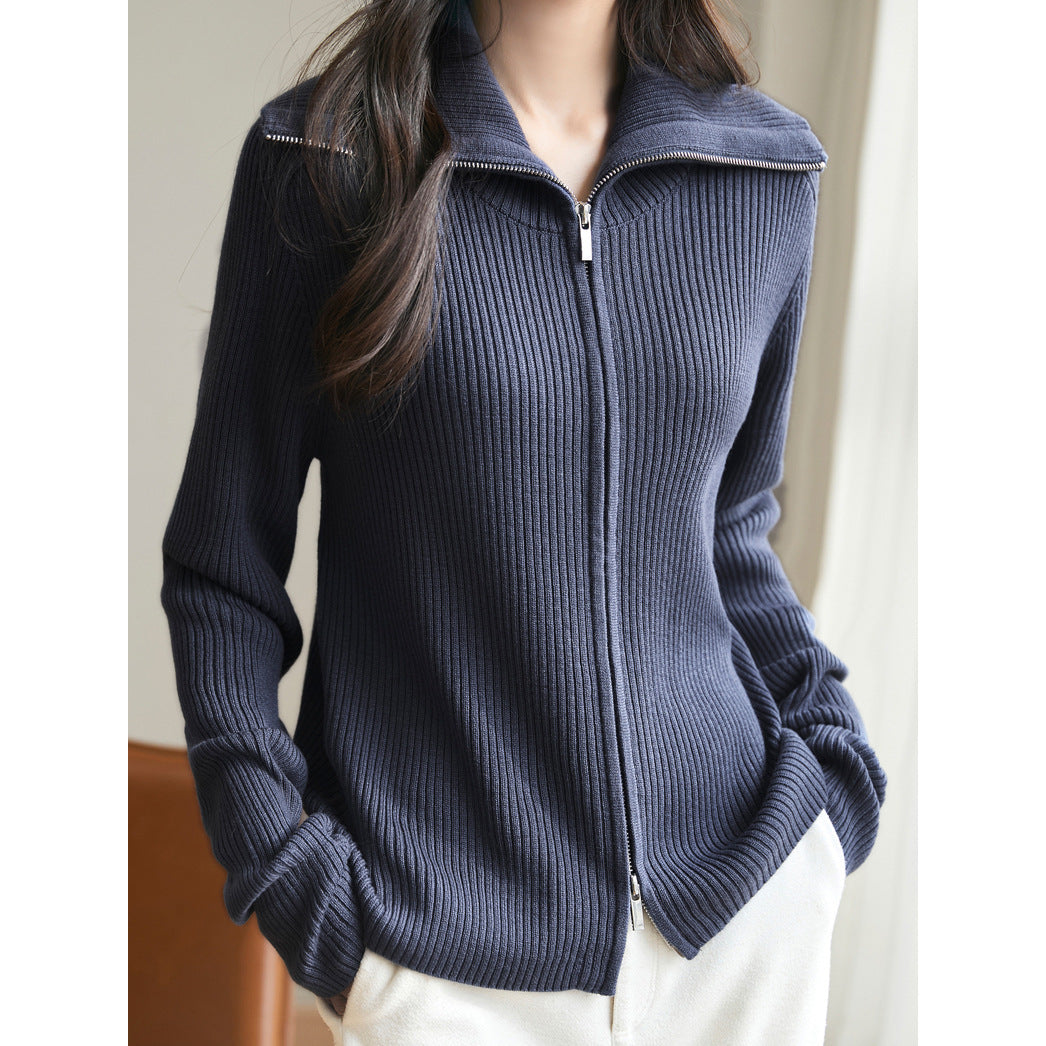 Damen modischer Strickpullover mit hochschließendem Reißverschluss und Rippenstruktur Drune