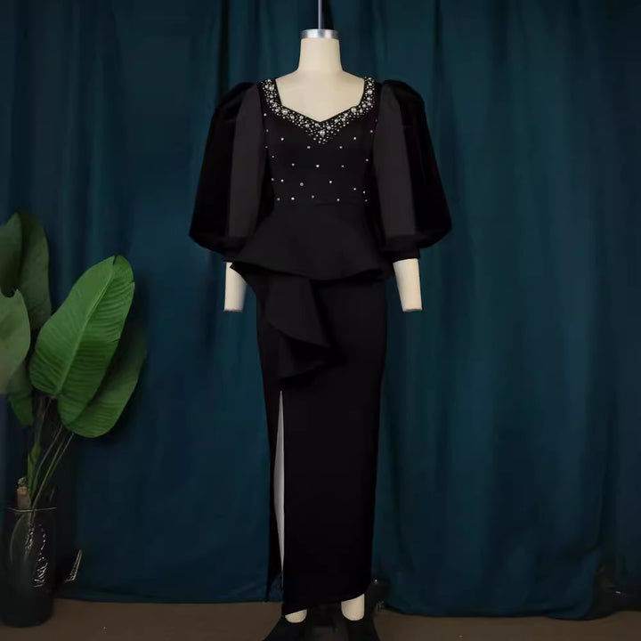 Damen Elegantes Abendkleid mit funkelnden Perlen und voluminösen Tüllärmeln Drune