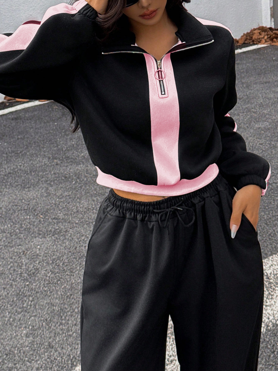 Damen lässiger Hoodie mit halbem Reißverschluss und weiten Jogginghose Drune