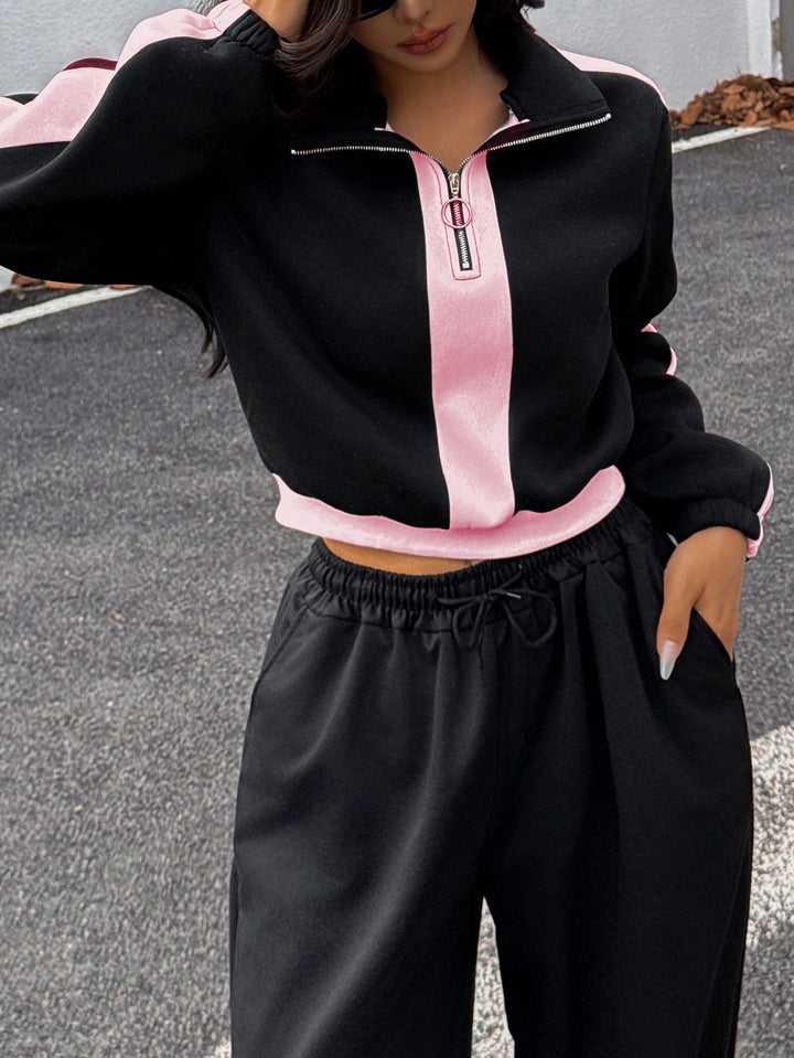 Damen lässiger Hoodie mit halbem Reißverschluss und weiten Jogginghose Drune