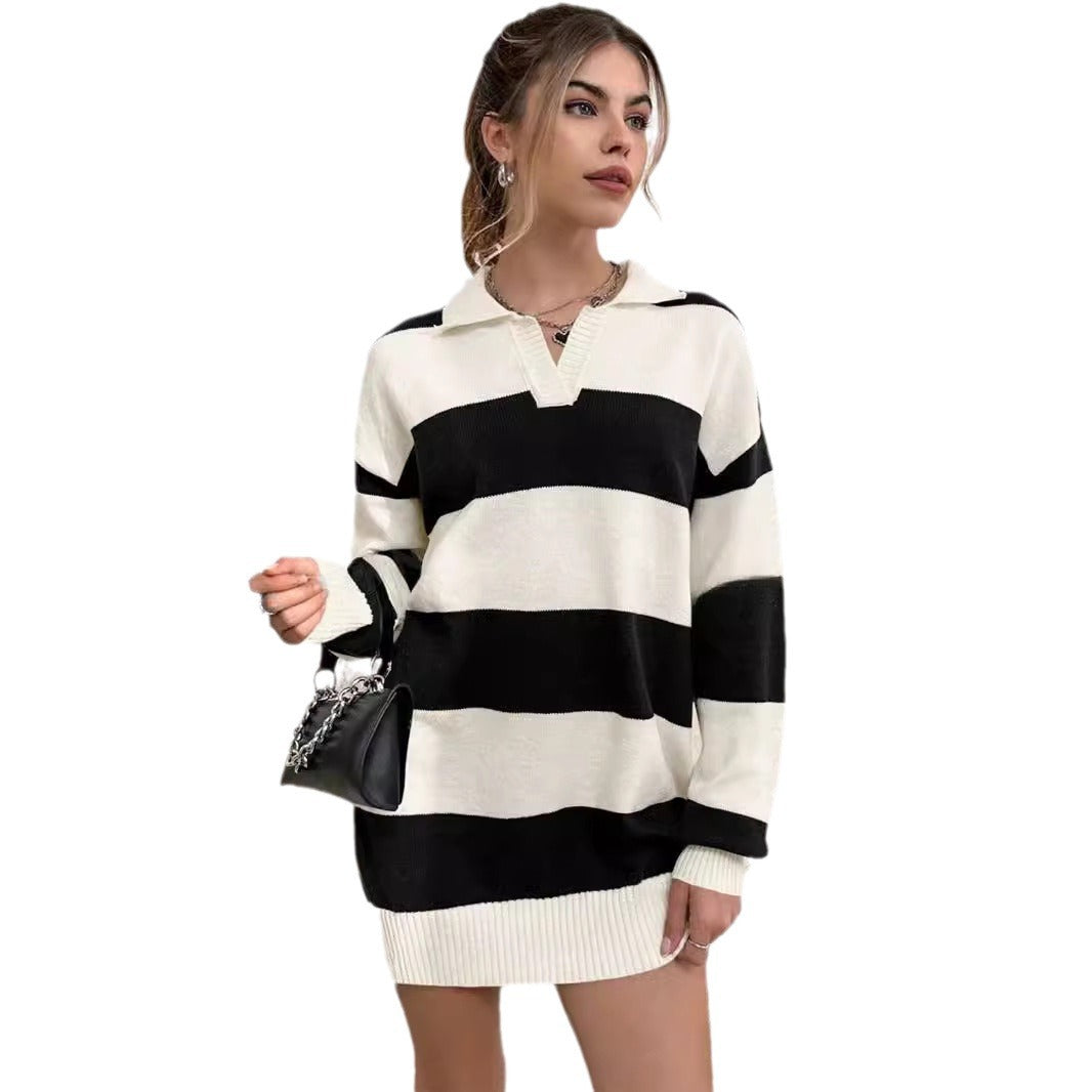 Damen Pullover-Kleid mit modernem Streifenmuster und detailreicher Knopfleiste Drune
