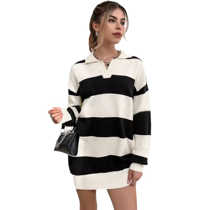 Damen Pullover-Kleid mit modernem Streifenmuster und detailreicher Knopfleiste Drune
