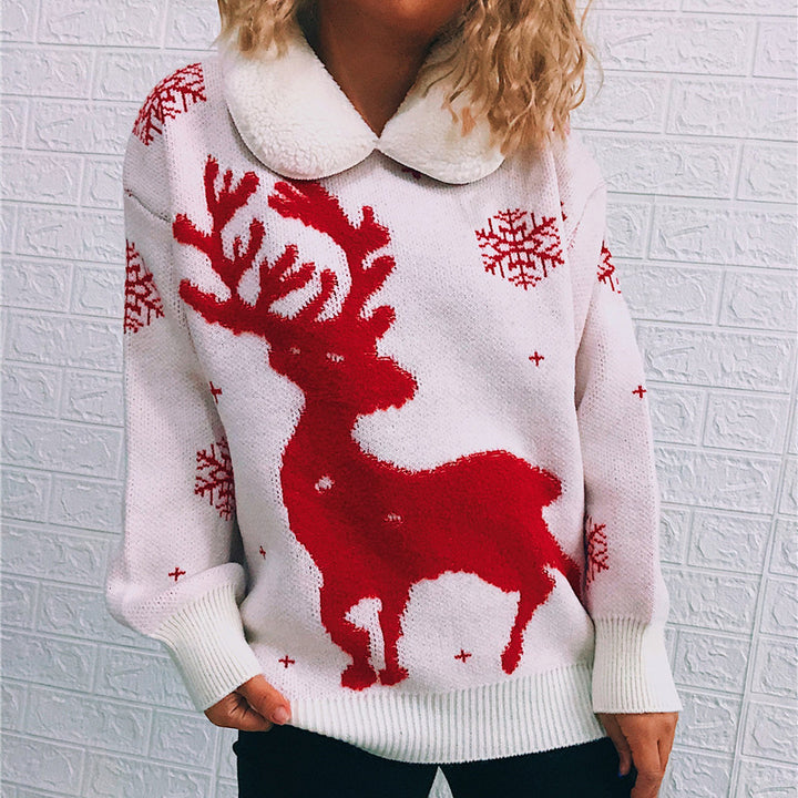 Damen Weihnachts-Pullover mit festlichem Rentier-Motiv und weichem Kragen Drune