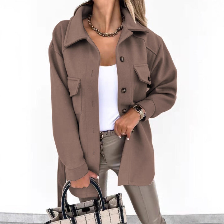 Damen Modische Overshirt-Jacke mit aufgesetzten Taschen und Knopfverschluss Drune