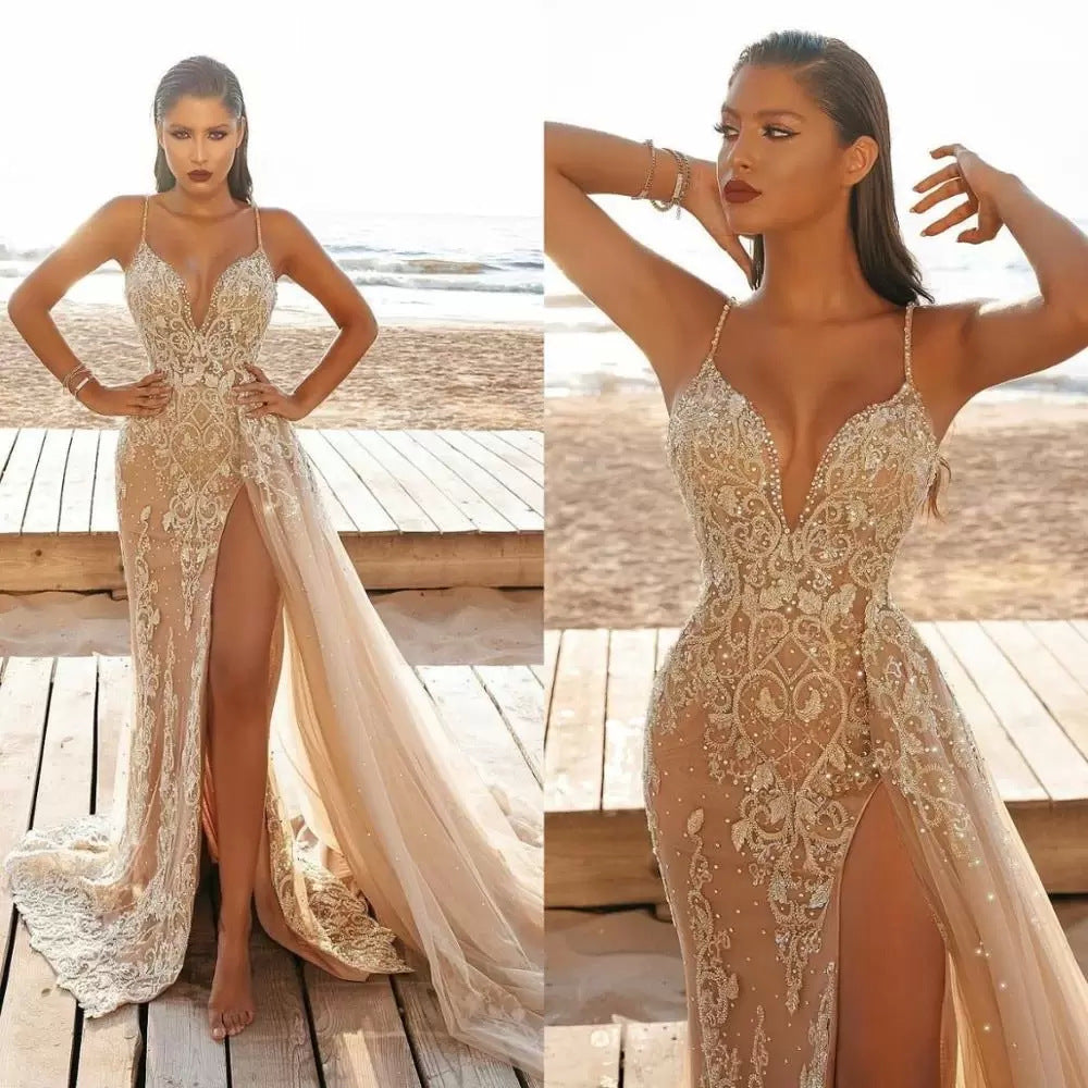 Damen Glamouröses Abendkleid mit tiefem V-Ausschnitt und funkelnden Verzierungen Drune