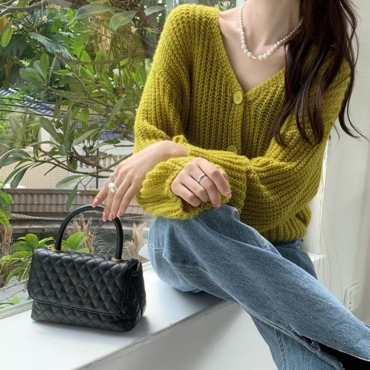 Damen lässiger Cardigan aus grobem Strick mit praktischen Knöpfen Drune
