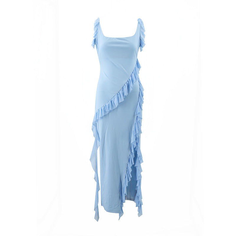 Damen Maxikleid mit voluminösen Rüschen und asymmetrischem Saum Drune