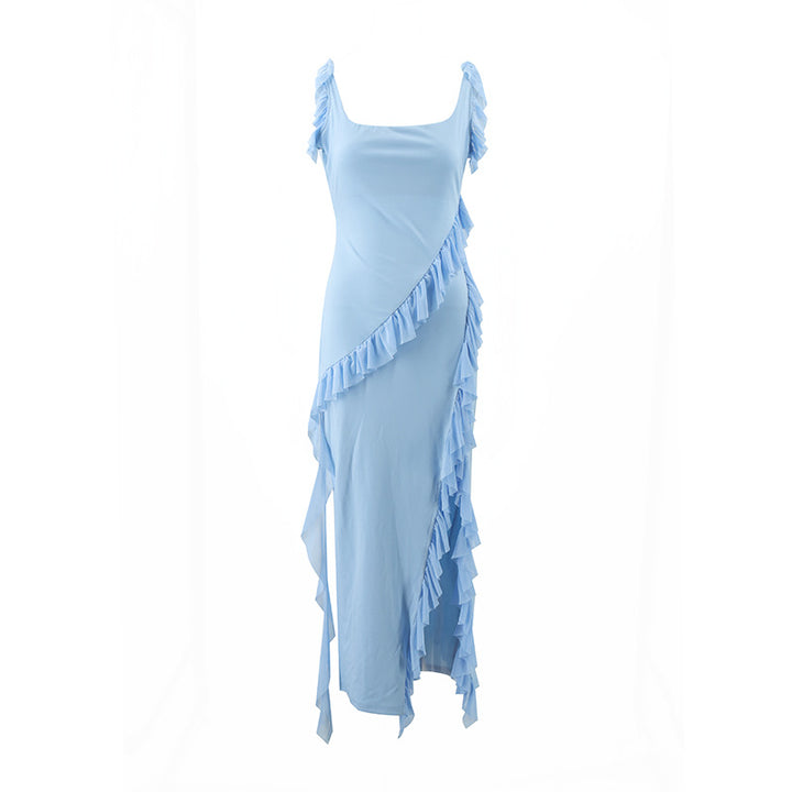 Damen Maxikleid mit voluminösen Rüschen und asymmetrischem Saum Drune