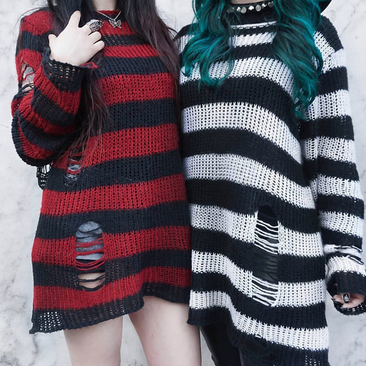 Damen nan Oversized Grobstrickpullover mit breiten Blockstreifen und aufgerissenem Design Drune